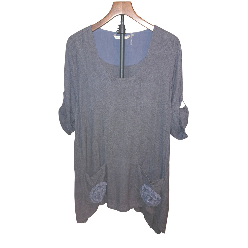 Soft Surroundings Tunic Women‎ XL Gray Linen Blend Rosette Roll Tab Sleeve Top